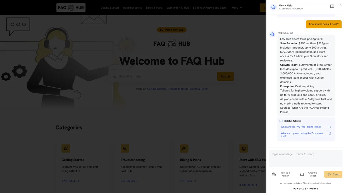 FAQ Hub live chat panel showing a cited answer, related articles, and controls to talk to a human or create a ticket.