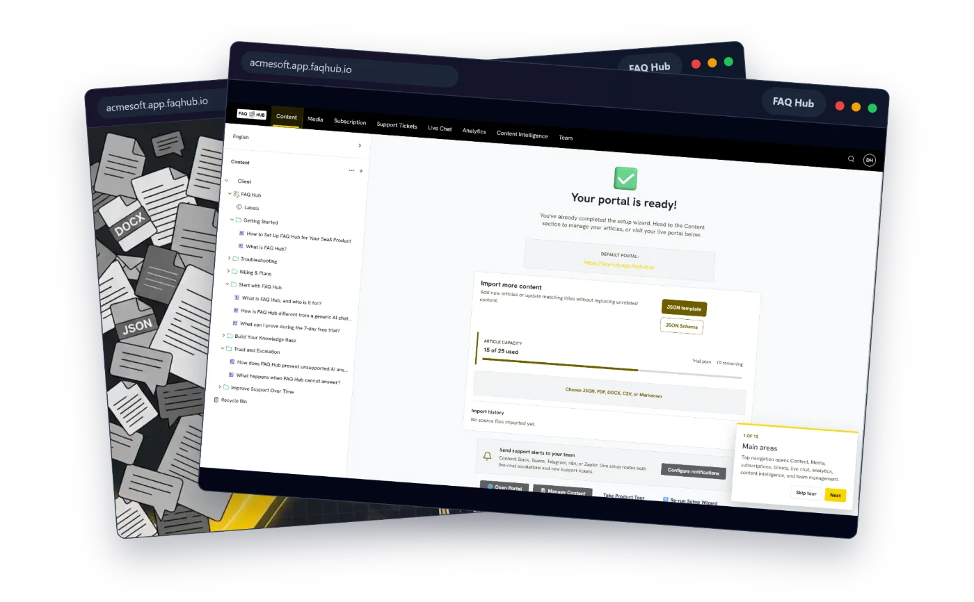 Two FAQ Hub CMS screens showing scattered source documents becoming an organised support portal.
