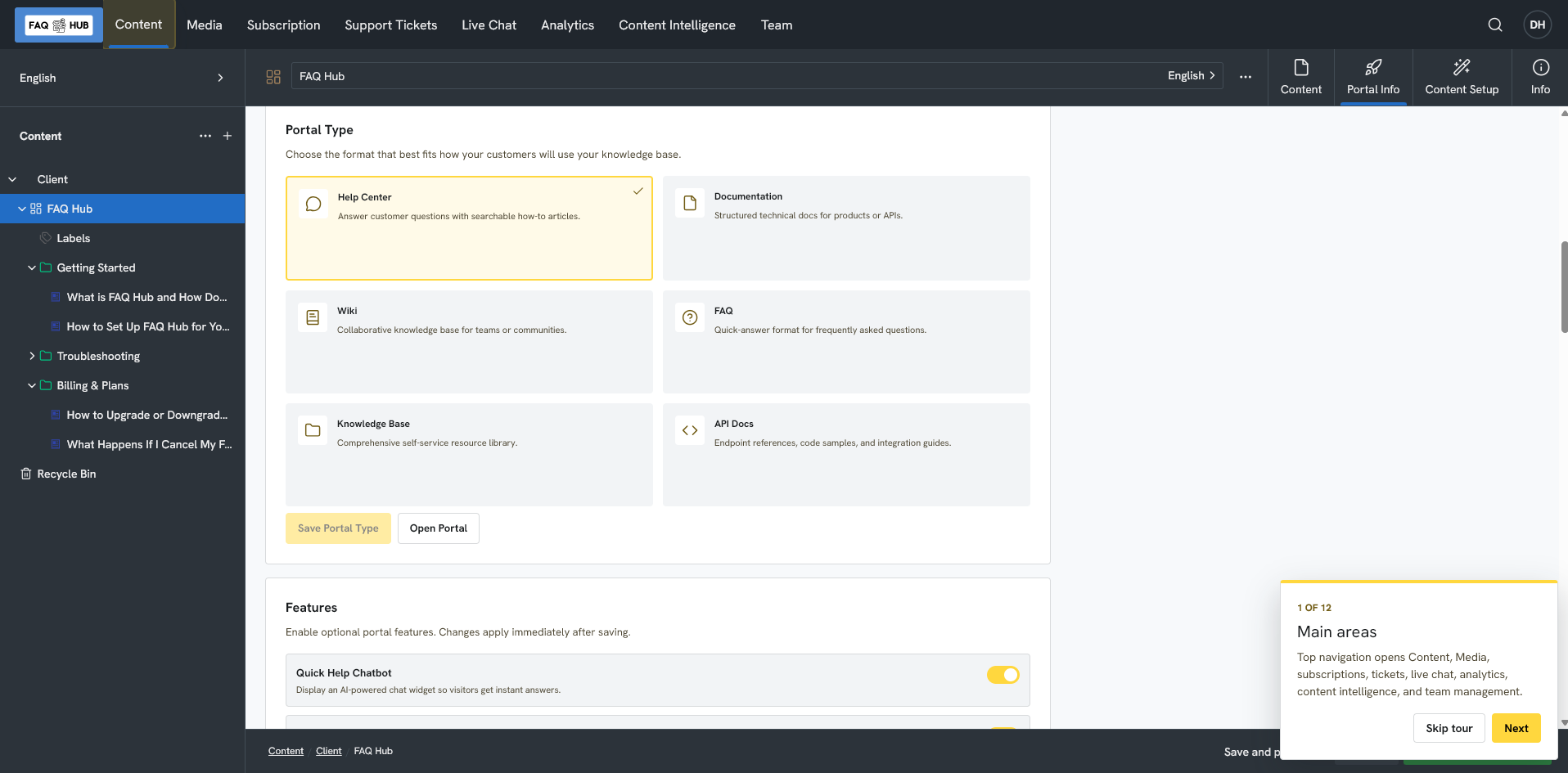 FAQ Hub portal settings and embedded support preview